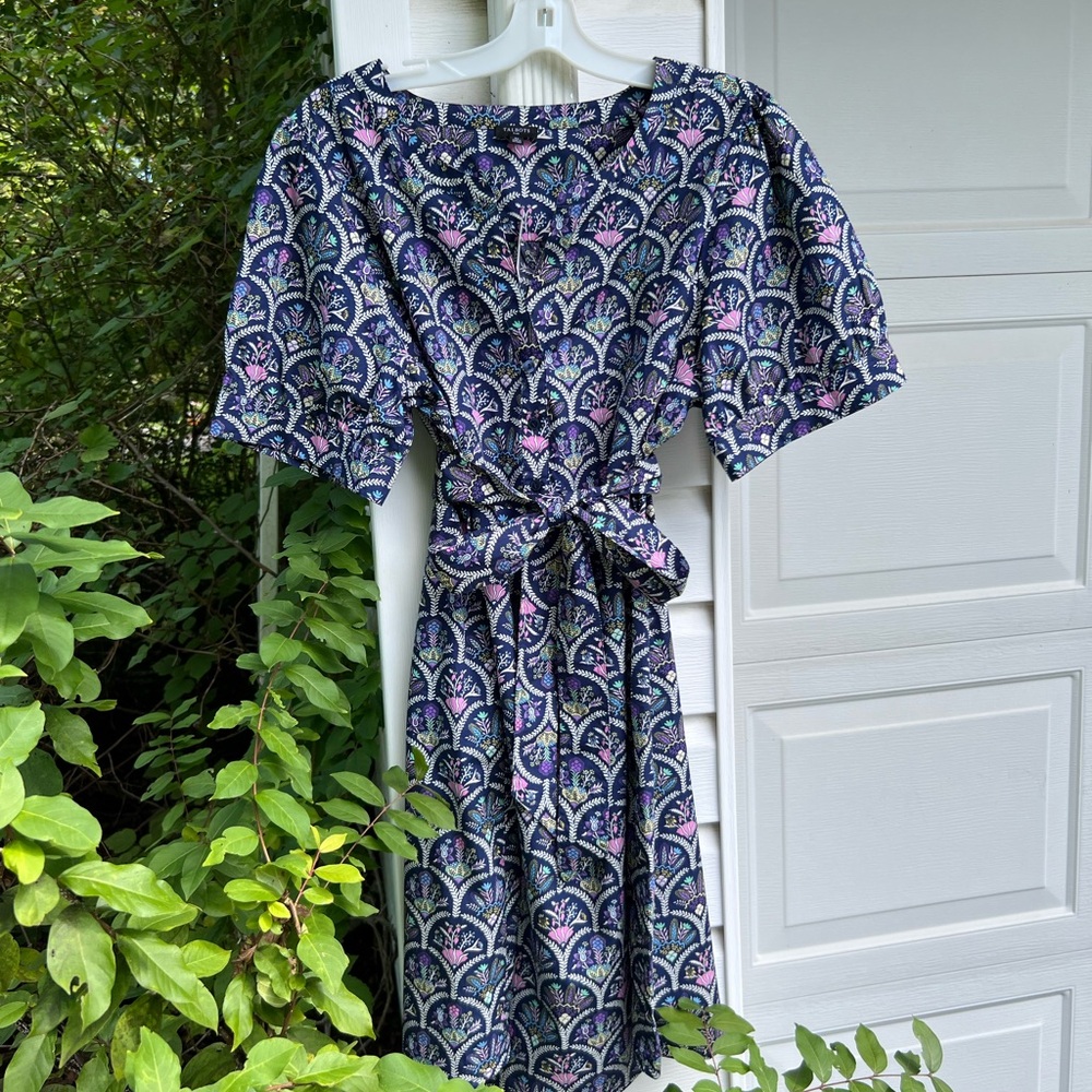 NWT Talbots Pretty Navy Multicolored Floral Short Sleeve Dress Pockets
